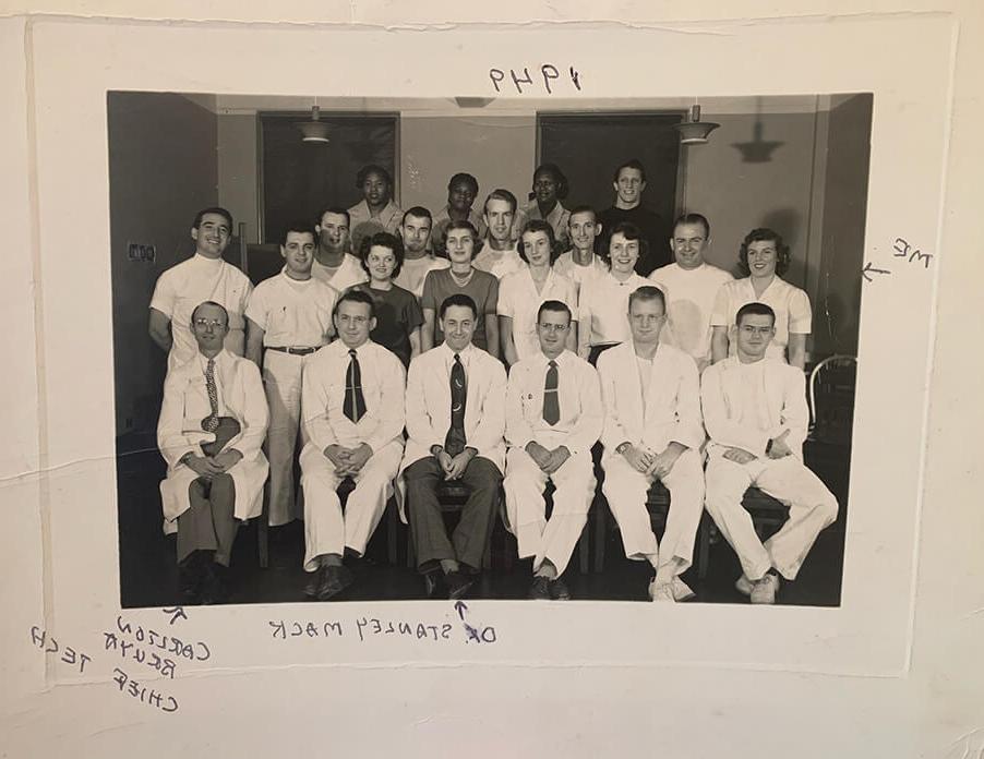 Elsie Protani (second row, first from left) with her class at Baltimore City Hospitals, now Johns Hopkins Bayview Medical Center, 1949