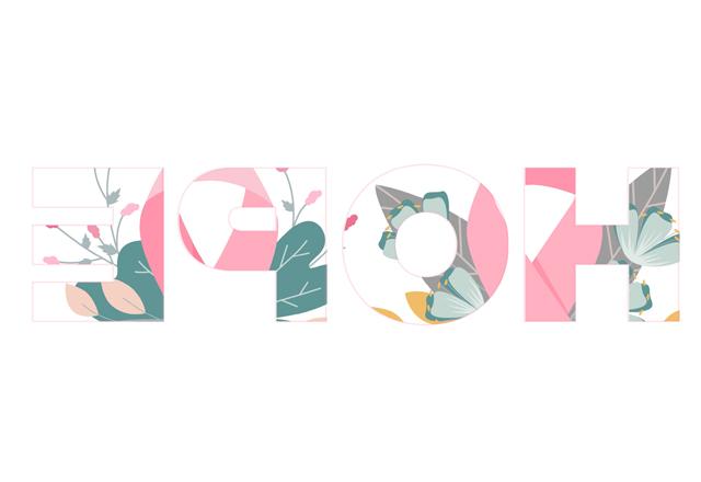 The word HOPE with a pink outline filled with pink ribbons and plants on a white background